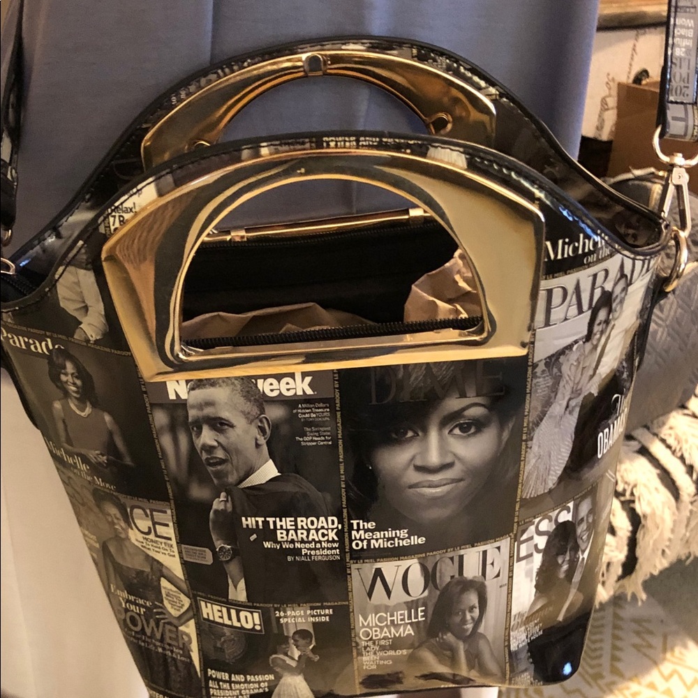 Obama Magazine Cover Purse Print Cream and Black Tote with Gold Accents
